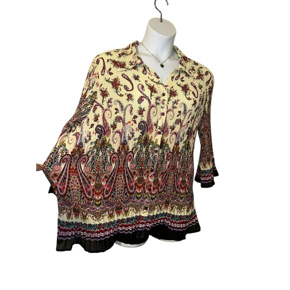 Avenue Women’s Plus Size 22/24 Boho Paisley Pleated Blouse Top - Flared Sleeves - Picture 6 of 9